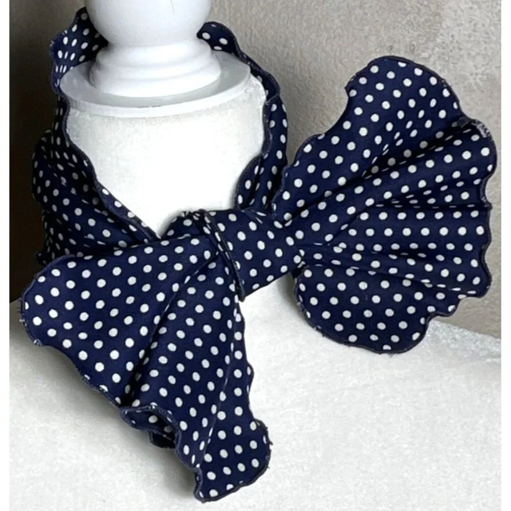 Vintage Scarf Lettuce Edge Polka Dot Blue 29"x9" Classic Chic Womens - Picture 5 of 8